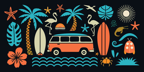 Retro summer vacation collection with a vintage van surfboards flamingos palm trees and tropical elements © Bivuti