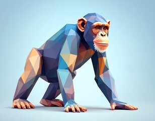 A full-body illustration of a chimpanzee in a characteristic knuckle-walking pose, created in a modern low poly geometric style. A colorful, stylized wildlife design.