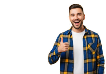 Young caucasian man in plaid shirt, smiling widely, giving thumbs-up, vibrant yellow studio background, copy space left, concept of approval and success