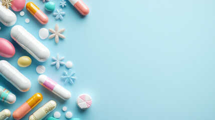 Christmas-themed medical banner featuring colorful pills,capsules alongside festive decorations on a light blue background, offering a unique blend of healthcare and holiday cheer. Banner. Copy space