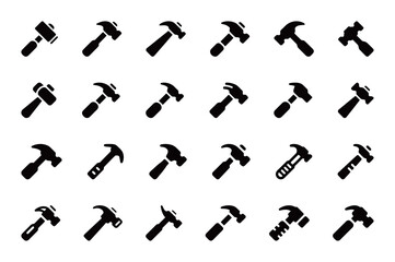 A set of hammer icons, representing various types of hammers, useful for construction, carpentry, and home improvement projects.