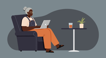 An elderly Black woman comfortably works on a laptop in an armchair. This illustration depicts remote work, online learning, or leisure for seniors, reflecting modern lifestyle and technology use.