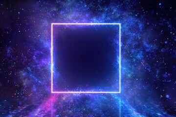 Obraz premium a square neon light box glowing in the dark, surrounded by colorful lights and glowing with blue and purple hues. the background is an abstract digital space filled with floating.