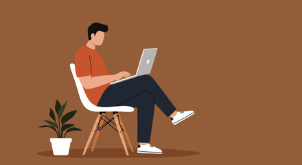 Modern man focused on his laptop, depicting remote work, online learning, and digital productivity in a comfortable home or office setting.