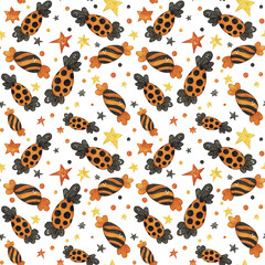 Obraz premium Seamless pattern of candies, confetti and stars yellow, orange and black. Halloween holiday. Watercolor illustration hand drawn. Drawing for paper, textile, invitations. treat, sweets, night, october