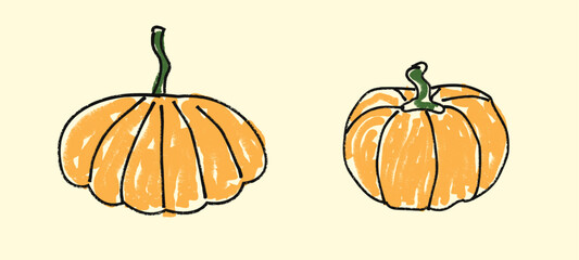 Autumn pumpkin with simple hand drawn sketch lines. Harvest, fall season. Concept of Thanksgiving vegetable, autumn holiday food, organic farm product. Flat vector illustration isolated on background.
