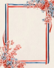Obraz premium Red blue white floral ribbon frame background for patriotic holiday template 