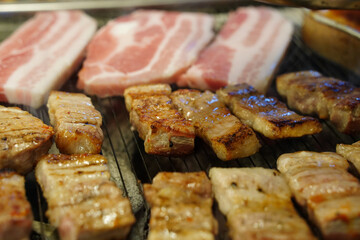 Korean Samgyeopsal (Pork Belly) Grilling on Hot Plate