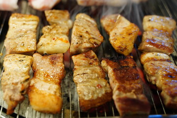 Korean Samgyeopsal (Pork Belly) Grilling on Hot Plate