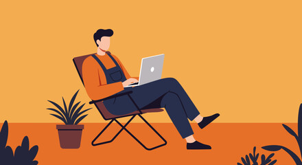 Young man focused on his laptop while relaxing in a chair, illustrating the flexibility of remote work and digital nomad lifestyle.