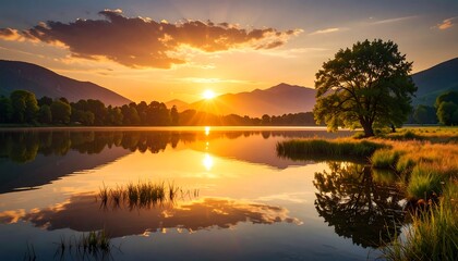 Fototapeta premium Serene lake sunrise panorama