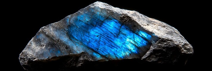 Obraz premium Raw labradorite gemstone with vibrant blue iridescence and rough grey exterior against black