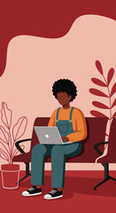 Young person with afro hair working on a laptop while sitting on a bench in a modern, minimalist setting. Ideal for themes of remote work, study, or casual business.