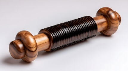 A wooden massage tool with a textured roller on a white background.