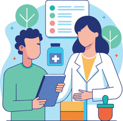 Doctor and patient discussing medical information with prescription and health icons