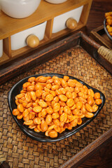 Roasted Peanuts in Bowl on Bamboo Tray - Healthy Snack Food Ready to Eat