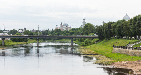 Panorama of Torzhok, Russia. Urban cityscape featuring a tranquil river