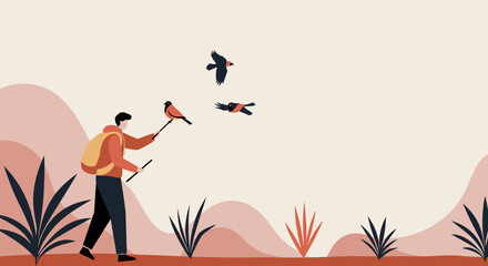 A minimalist illustration of a person birdwatching in a serene natural landscape, connecting with wildlife. Represents outdoor hobbies, exploration, and tranquility.