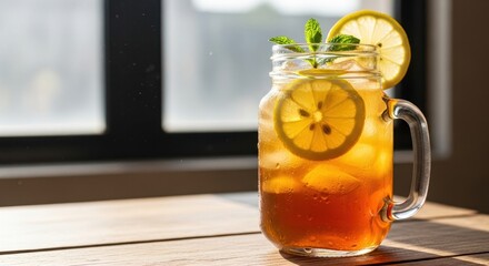 Refreshing Lemon Iced Tea in a Glass Jar on a Wooden Table.