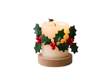 Exquisite Festive Holly Decorated Pillar Candle, Perfect for Holiday Season Ambiance and Festive Gatherings isolated on transparent background	