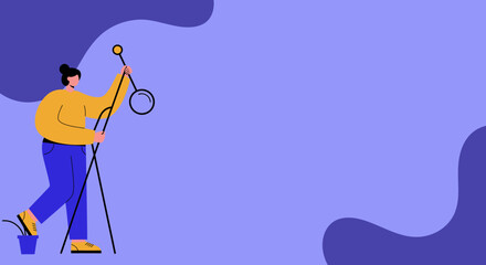 Modern illustration of a person confidently performing a task with a tool and bucket on a vibrant purple background. Represents work, maintenance, fresh starts, or new ideas.