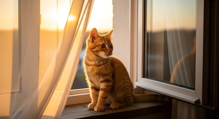 Peaceful Orange Cat on Windowsill, Bathed in Warm Evening Sunlight Through Sheer Curtains