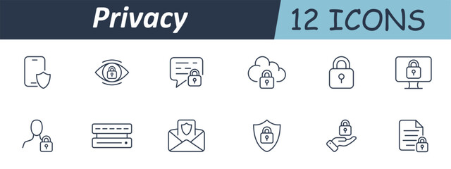 Privacy set icon. Lock over phone, eye, message, cloud, monitor, user, envelope, shield, server, hand, paper, and security badge elements clearly illustrated.