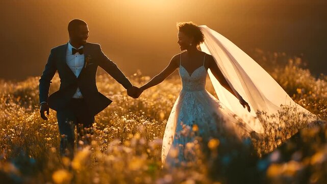Joyful bride and groom running through wildflower field at sunset