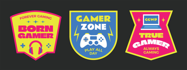 Gamer stickers and badges collection. Motivational video game quote. Gamer zone, pro gamer, go gamer.