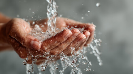 Fototapeta premium Cupped human hands catch flowing water, creating serene and refreshing moment. droplets glisten in light, evoking sense of purity and tranquility