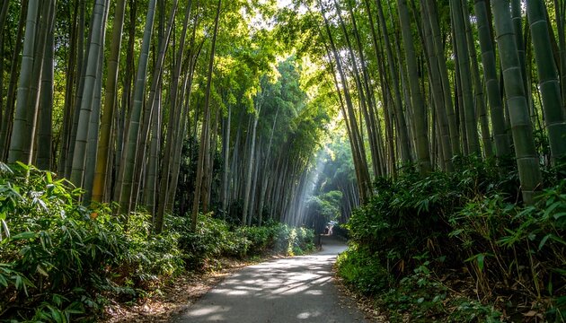 Sunlit bamboo forest path