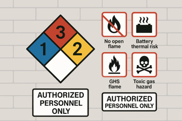 Fototapeta premium Vector safety diagram with hazard diamond and multiple icons for battery storage, thermal risk, and toxic gas, clean scalable layout.