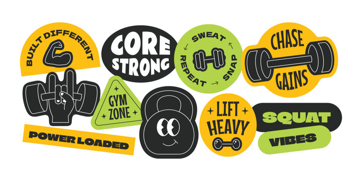 Gym and fitness stickers, patchs, badges collection. Sports training with motivational quote gen z style.