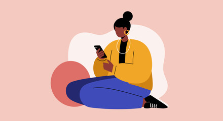 Stylish woman sitting casually, absorbed in her smartphone. Represents digital communication, social media, and online connectivity in a modern lifestyle.