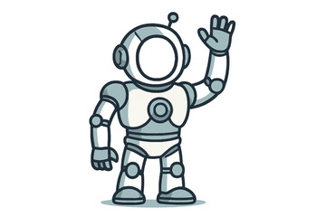 Obraz premium Clean vector illustration of friendly robot character waving hand, futuristic technology concept with simple outlines.