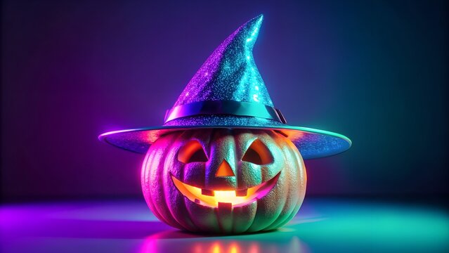 Glowing Halloween Jack-o- Lantern with Witch Hat pumpkin. - Powered by Adobe