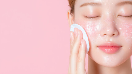Close up of woman applying toner on her glowing skin with cotton pad, showcasing fresh and dewy complexion against soft pink background. image conveys sense of skincare routine and self care