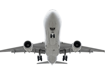 transparent modern commercial jetliner, powerful turbofan engines, extended landing gear, low-angle, suspended on transparent studio background, shadowless, modern aviation technology