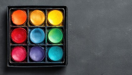 colorful watercolor paints in a box on a black background, top view. colorful paint palette with six colors in a square-shaped box on a dark gray background. design element for a.