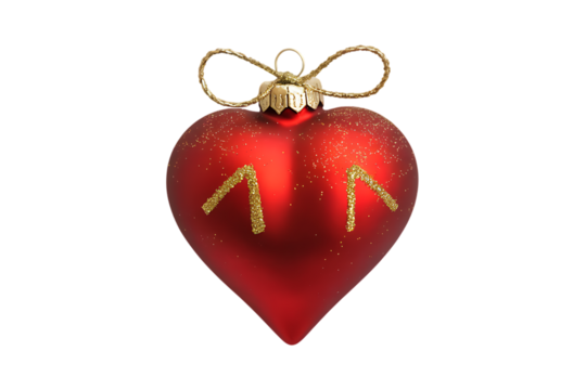 Exquisite Red Glass Heart Christmas Ornament with Gold Accents and Rustic Twine Bow. isolated on transparent background	