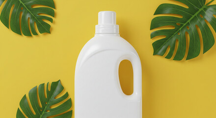 A white plastic bottle of cleaning product with a handle, set against a yellow background with green leaves.