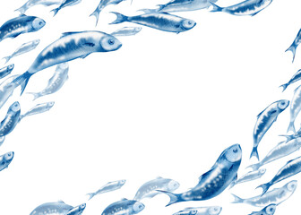 Seamless template of fish sardine-traditional Portuguese dish.Watercolor illustration in monochrome blue colors isolated on white.For seafood menu,print on fabric or tiles,web page backgrounds