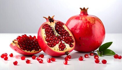 Close-up showcases a vibrant pomegranate, halved and whole, alongside scattered seeds and small leaves against a gradient background, emphasizing its vivid red color and texture