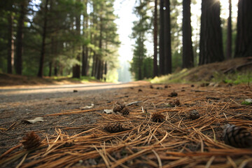 Obraz premium Forest path pinecones needles ground pine needles