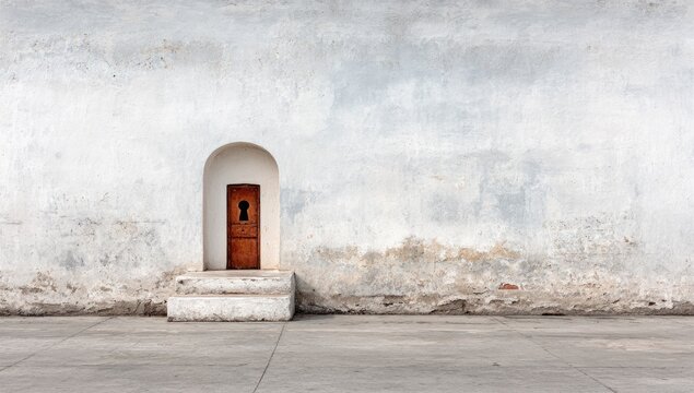 Small wooden door in arched alcove, weathered gray-white wall, concrete floor