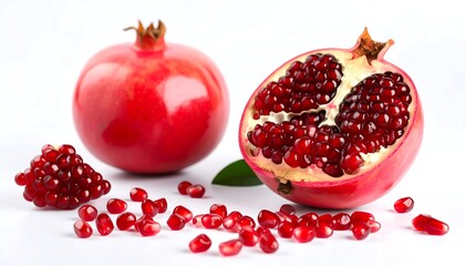 Close-up showcasing whole and halved pomegranates with vibrant red arils scattered on a white surface. The fruit has a glossy skin and crown, a single green leaf adding freshness to the composition
