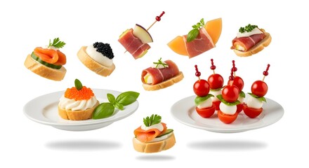 Assortment of elegant appetizers on white  canap s caprese skewers and cured meat bites