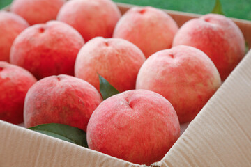 Fresh Ripe Peaches with Water Droplets in Wooden Crate - Organic Fruit Harvest