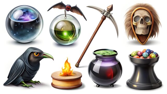 Halloween Magical Objects Crystal Balls Skull Potion Crow Pickaxe. - Powered by Adobe