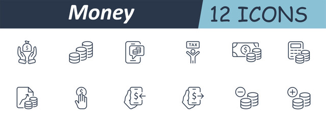 Money set icon. Line hands, coins, stacks, phones, charts, calculators, arrows, and labels showing tax, transfer, add, remove, send, receive, finance operations